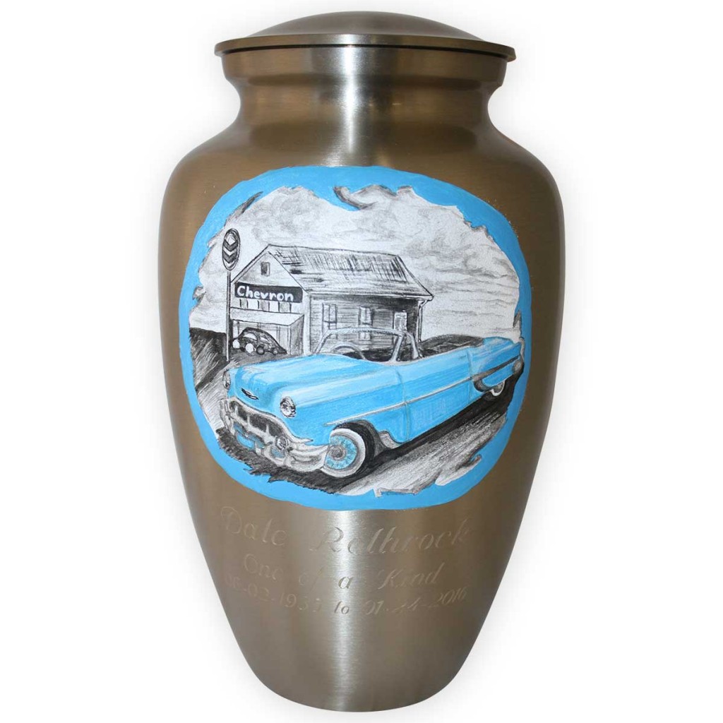 Driving off in style: Blue Chevy Convertible Custom Memorial Urn